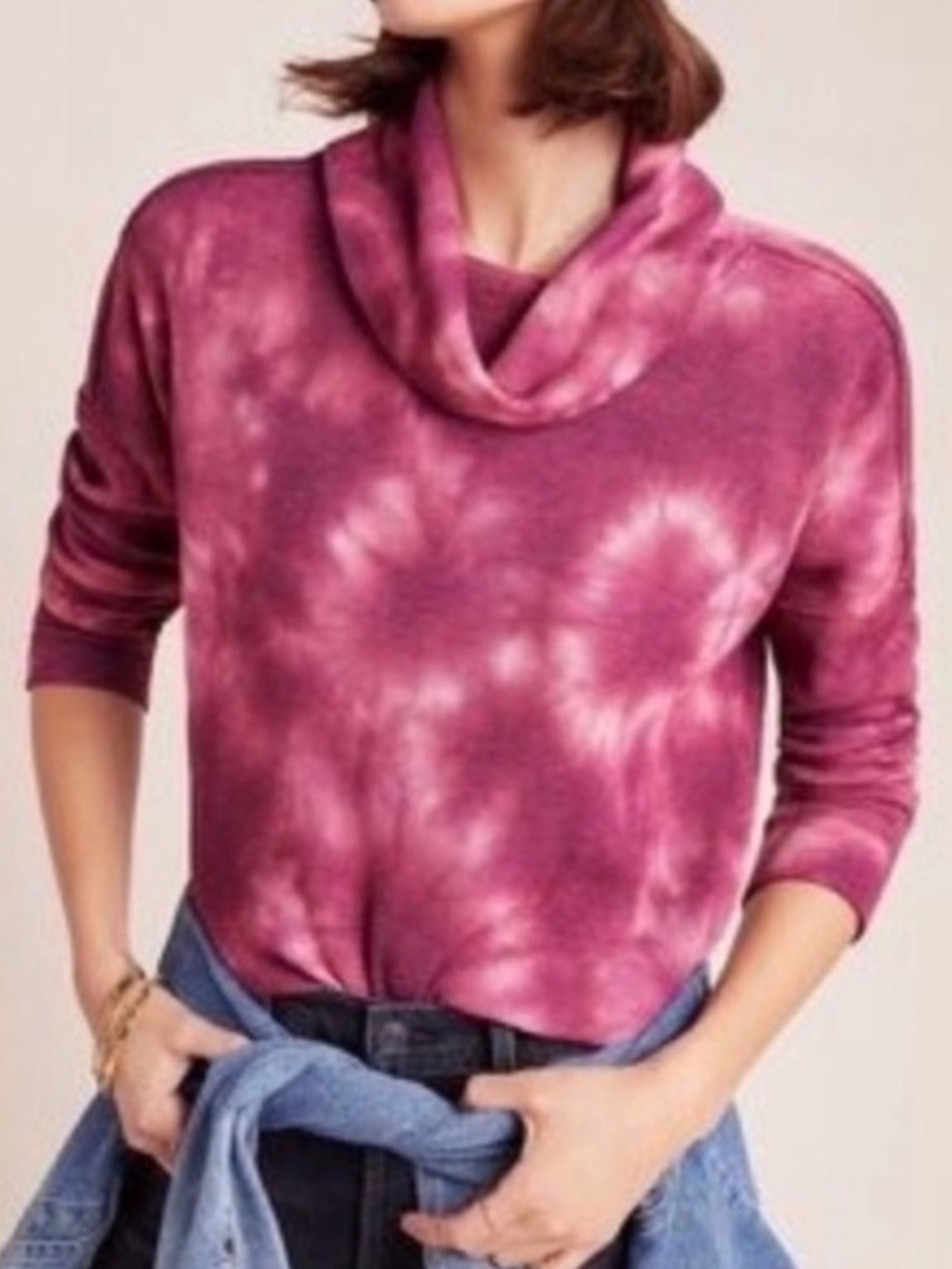 NWOT MAEVE Anthropologie Ainsley Tie Dye Cowlneck Thermal Top Pink / Mauve XS